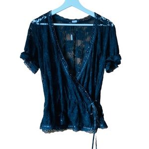 Lacey Sheer Black Wrap Tie Women’s Short Sleeve Wrap Top Size Large Beaded Trim